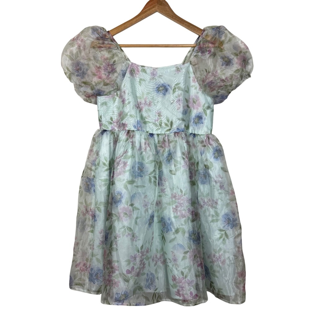 Zunie Girls Puff Sleeve Floral‎ Square Neck Dress Size 16 Sheer Lined Fairy